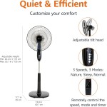 16-Inch Pedestal Floor Fan Oscillating Remote, 3-Speed, Energy-Efficient, Black