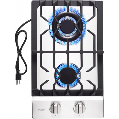2 Burner Propane Gas Cooktop, 12" Inch LPG/NG Built-in Gas Stove Top with 2 ITALY SABAF Sealed Burners 18,000BTU, Stainless Steel, RV Stove Top with Thermocouple Protect, Apartment, Outdoor