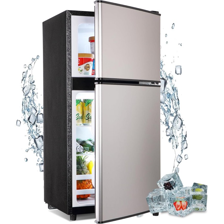 Mini Fridge with Freezer, 3.5 Cu. Ft. Apartment Size Refrigerator with Freezer, Dorm Fridges with Freezer Adjustable Thermostat, Small Refrigerator for Apartment, Office, Kitchen, Dorm, Silver