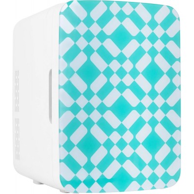 10L Mini Fridge for Bedroom - Car, Office Desk & Dorm Room - 12v Portable Cooler & Warmer for Food, Drinks, Skincare, Beauty & Makeup - AC/DC Small Refrigerator with Glass Front, Green Pattern